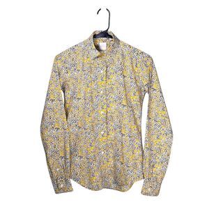 Ann Mashburn Women’s Shirt XS Yellow Navy Floral Paisley Cotton Button Up Top